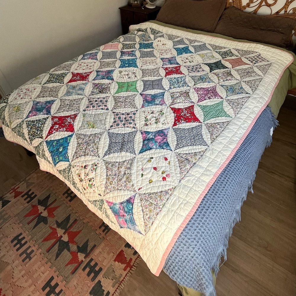 Antique Cotton Feedsack Cathedral Window Stain Glass Floral Twin Full Quilt